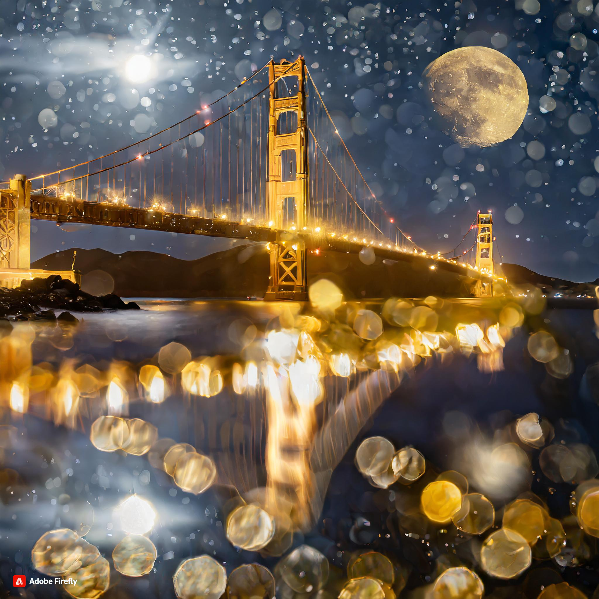  Firefly The golden gate bridge with the moon reflecting on the water at night